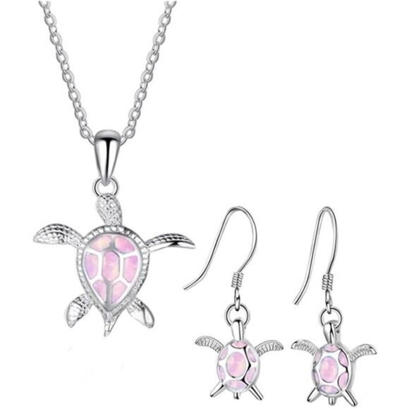 Turtle Necklace Earrings Set for Women Silver Opal Pendant Jewelry Fashion Pink - Picture 1 of 4